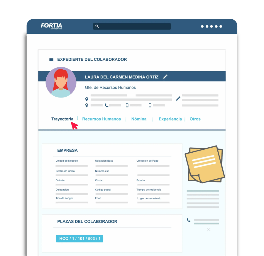 Interfaz del sistema FORTIA mostrando el expediente de un colaborador con secciones de trayectoria, recursos humanos y datos de empresa.