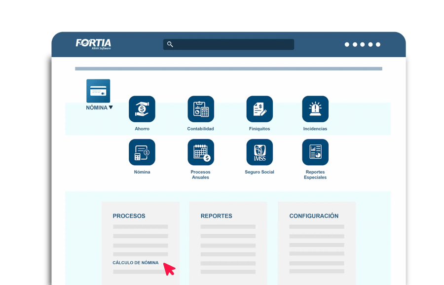 Interfaz del sistema FORTIA con módulos de gestión de nómina y procesos relacionados