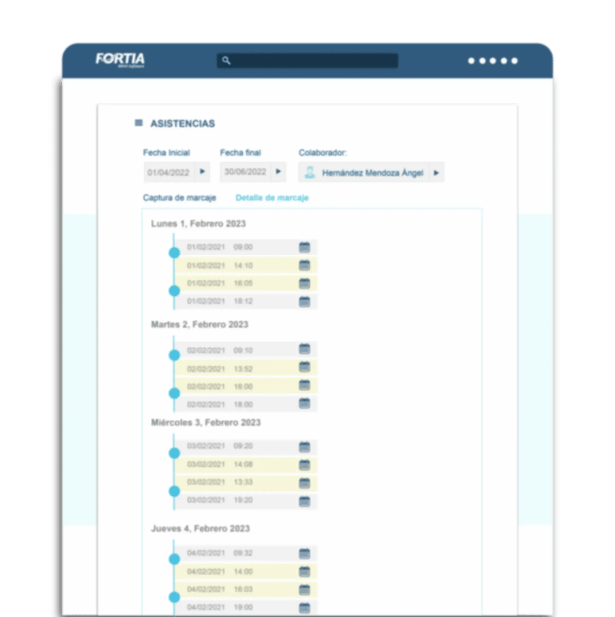 Vista del sistema FORTIA mostrando el registro detallado de asistencias por fechas y horarios para un colaborador.