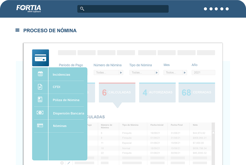 Captura del sistema FORTIA mostrando el módulo de Proceso de Nómina con opciones como CFDI, Póliza de Nómina e Incidencias.
