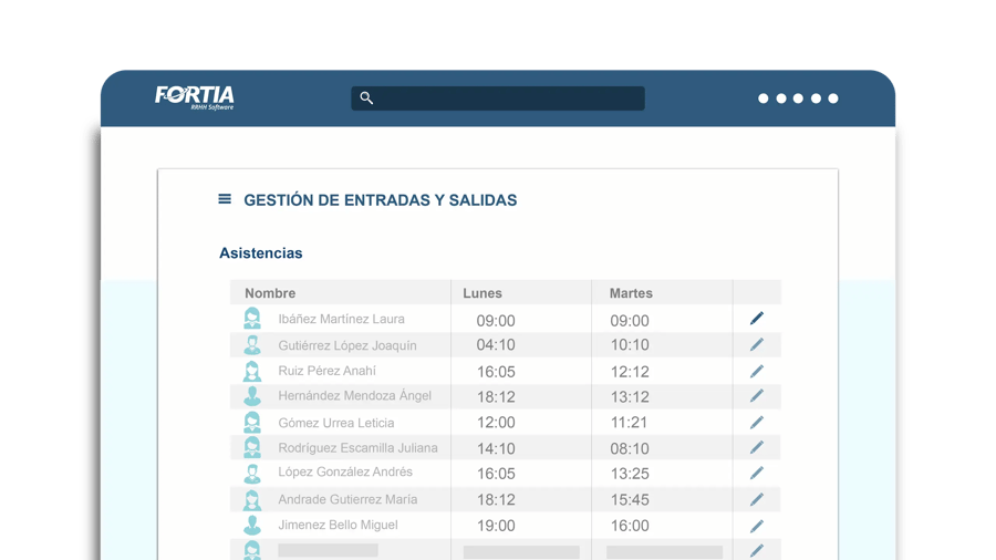 Vista del sistema FORTIA mostrando el módulo de gestión de entradas y salidas con una tabla de asistencias por día.